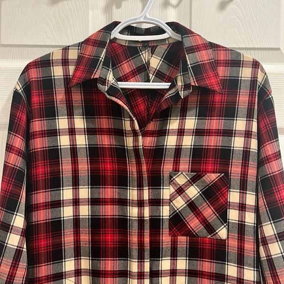 Maje Red Plaid Long Sleeve Shirt Dress - Picture 7 of 16